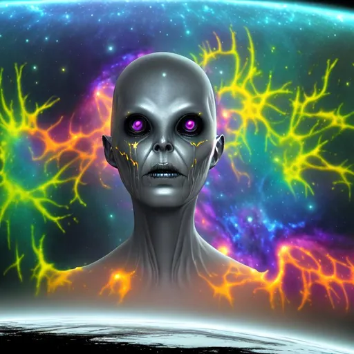 Prompt: Horror, Eerie, Spooky psychedelic cinematic, Nebula, 3D, HD, {Grey Alien}liquid gold silver, expansive cosmic background, supernova, freeform dark chaos, hyper realistic, 8K --s98500