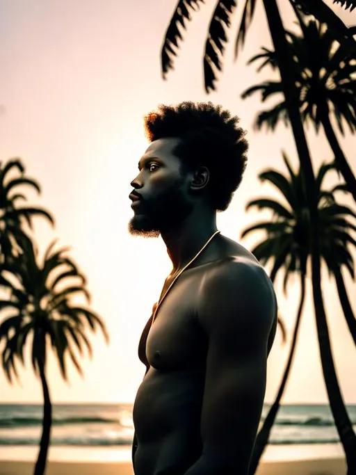 Prompt: A blackman standing on the beach with palm trees

