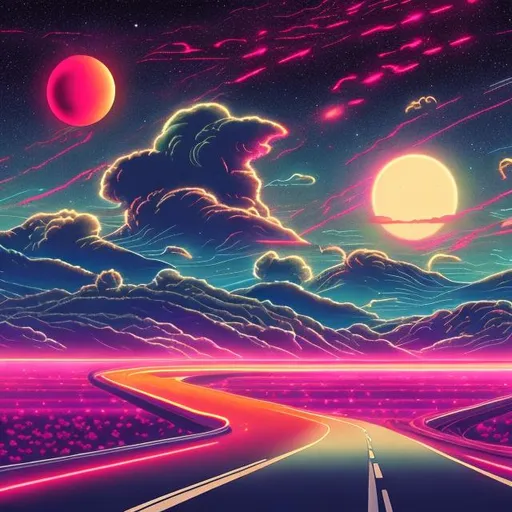 Prompt: retro highway scene, imperial japan, retrowave, neon, synthwave, vaporwave, highly detailed, galaxy sky, cosmos