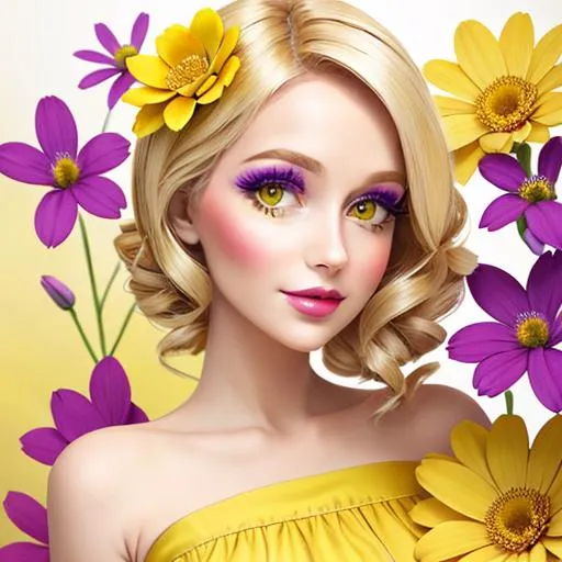 Prompt: blonde lady with pretty makeup, yellow  and purple color scheme, flowers

