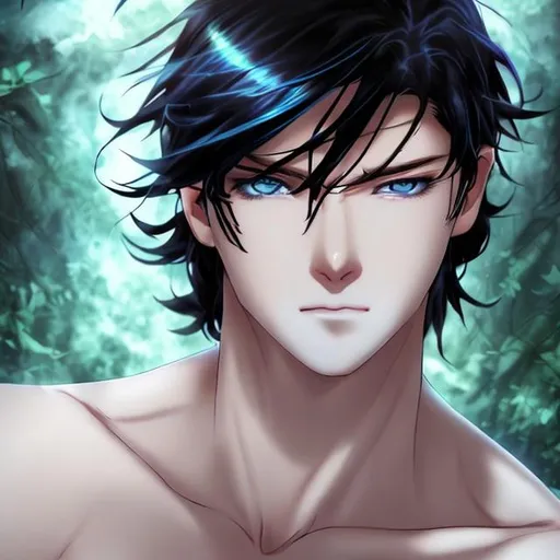 Prompt: Manwha A gorgeous man with blue eye and a black Hair looking seductive