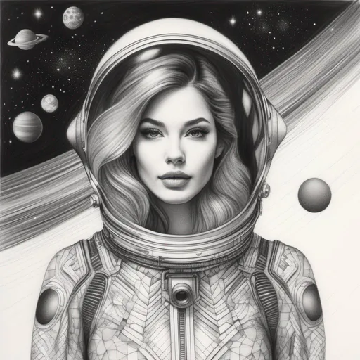 Prompt: a woman wearing outer space as a dress, pencil drawing