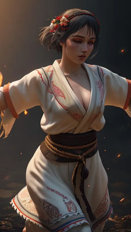 Prompt: Folk beautiful girl from Bulgaria with traditional rhodope robe dancing over coals!!! soft lighting, 8k resolution, hyper detailed, cinematic, deep lighting, Ukiyo-e hyperdetailed Unreal Engine dynamic lighting,Splash art, trending on Artstation