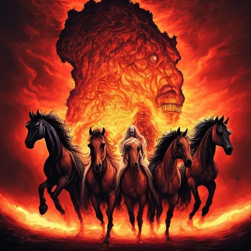 Prompt: 4 horsemen of the apocalypse, 7 deadly sins, burnt world, sunset 