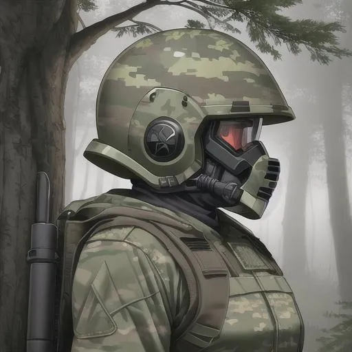 Prompt: soldier standing in a foggy forest, leaning up against a tree, side profile, camouflage uniform, arms crossed, power armor, powered helmet, covered face, (doom helmet:1.2)