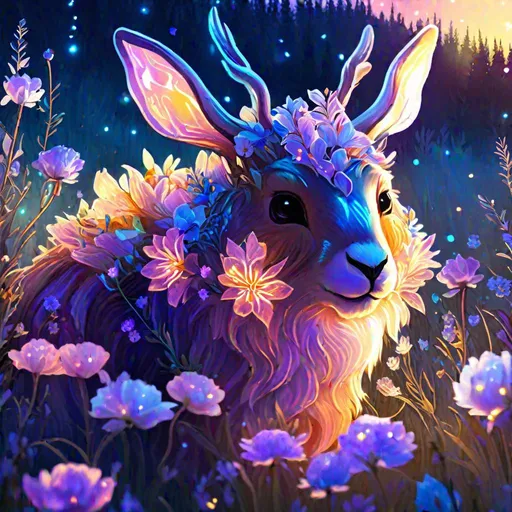 Prompt: A fantasy translucent wolpertinger that is glowing, in a meadow clearing surrounded by flowers, sunrise, beneath the stars, bioluminescent, highres, best quality, concept art