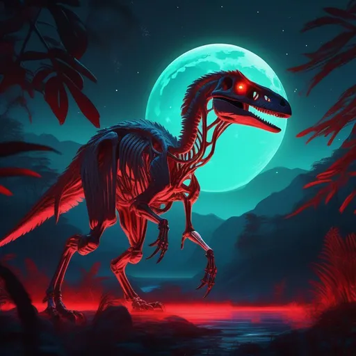 Prompt: A mythical bioluminescent skeleton of a velociraptor that is glowing, evil, scary, creepy, terrifying, dripping red rainforest, huge blood moon, beneath the stars, highres, best quality, concept art