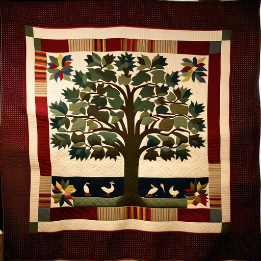 Prompt: 19th century quilt with ghorks, filledots, swegmots, and chalnes, a French quilne borders a speg tree, four swarcks arranged in a flyover in the center 