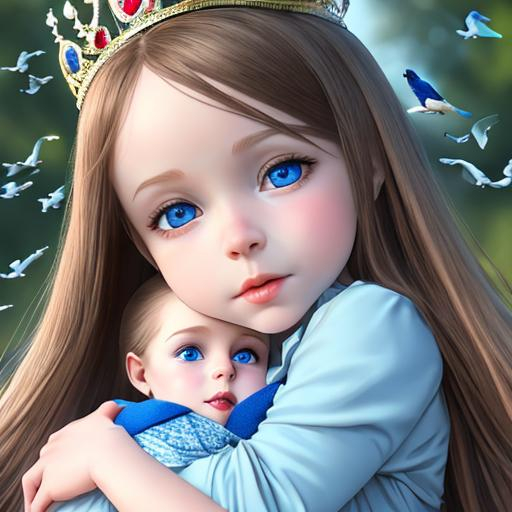 full body, child, beautiful, blue eyes, blue birds f