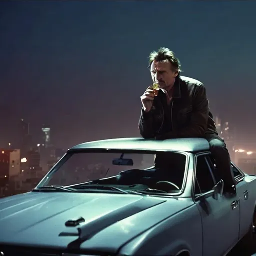 Prompt: Liam Neeson drinking beer and smoking a cigarette and riding on top of the roof of a Nissan car at night