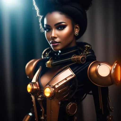Prompt: Please produce a photograph of a steampunk robotic beautiful female android, brown skin, with fantasy colors, flashy lights, in a dark background, high quality, trending art, trending on artstation, sharp focus, studio photo, intricate details, highly detailed, UHD, HDR, 8K, ((Masterpiece))