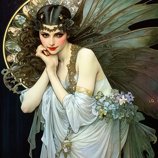 Prompt: The tooth fairy, Alphonse Mucha, Luis Royo, Joyce ballantyne, rainbow hair