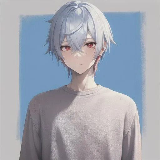 Prompt: (best quality, masterpiece), young pale man, (male), pastel blue and white hair, red eyes, square background, streewear, aesthetic wear, half body