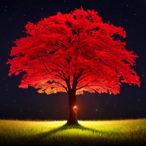 Prompt: A glowing tree in dark night with red fruits surrounded by grass