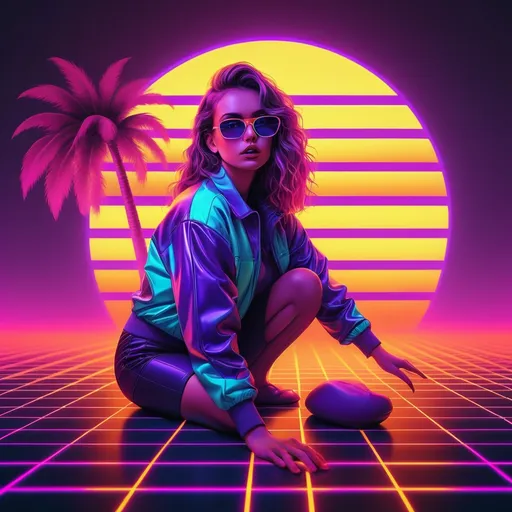 Prompt: bright colors, neon colors, gradient orange to purple, blue grid floor, blue grid foreground, lighting glow, 80s retro style, synthwave, vaporwave, vaporwave sun, bright green palm trees