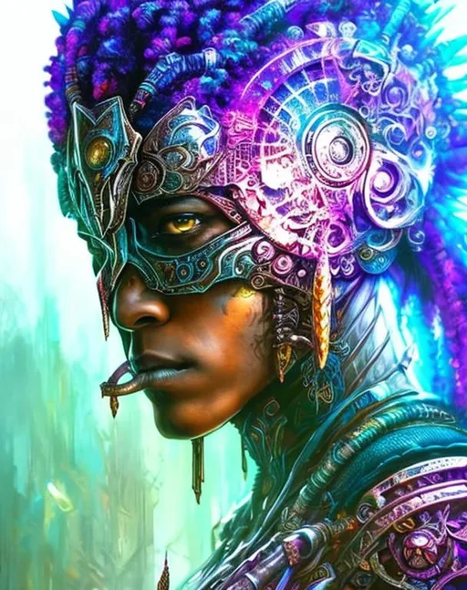 Prompt: Beautiful Black Woman Wearing Cyborg Full Metal Armor With African Details Shaman Zulu By Alex Gray And Android Jones Karol Bak Ayami Kojima Amano Concept Art Character Design Fantasy, Cyberpunk, 2077, 8k Resolution, Cyberpunk 2077