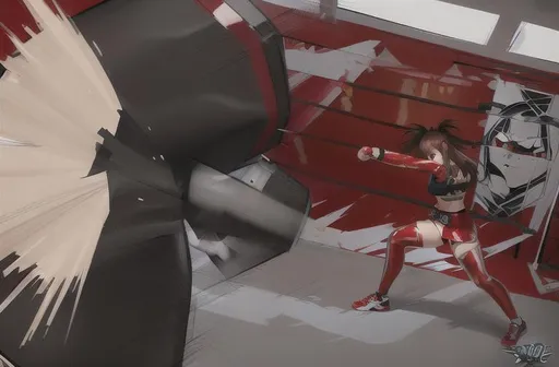 Prompt: punching bag punching, high quality, punching bag,Best quality, tall girl, (punching bag:1.2), master piece, leggings , muscle, blood, punching bag, latex ,ultra detailed, realistic, 4k, fight punching, open finger gloves ,anime style,punching fighting, beauty girl, pretty ,detailed face, punching bag smash 