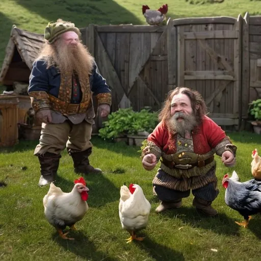 Prompt: the dwarf feed the chickens