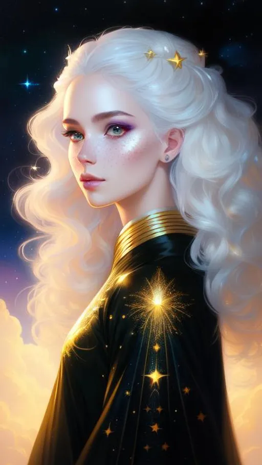 Prompt: A very beautiful woman with hair made of glowing white clouds illuminated by the moonlight, freckles shaped as Golden stars, artistic makeup with a metallic iridescent pallette, golden eyes color art by Tom Bagshaw, artgerm, ilya kuvshinov,  Huang Guangjian, Josephine Wall, WLOP, art by Laura Hollingsworth, Andrew Atroshenko, 4k, pretty visuals, aesthetic, artstation, unreal engine, shadow effect, insanely detailed and intricate, highly detailed, shooting stars, iridescent effect to the white clouds.