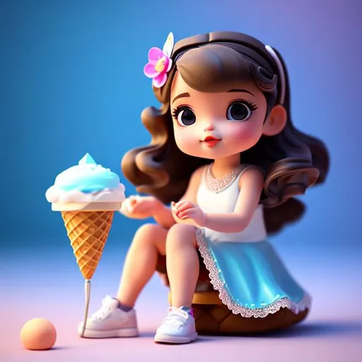 Prompt: tiny cute baby girl holding icecream cone, blue hairpin, blue flower dress, brown curly hair, sitting character, sitting on swing, soft smooth lighting, soft pastel colors, skottie young, 3d blender render, polycount, modular constructivism, pop surrealism, physically based rendering, square image