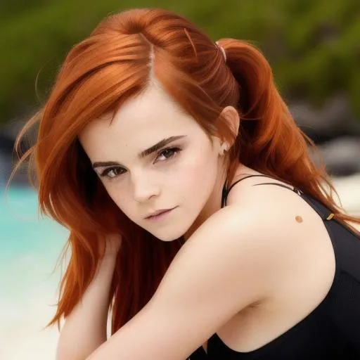 Prompt: Emma watson with straight shoulder-length chestnut red hair that is usually worn down but is long enough to be tied up into a ponytail, dark brown eyes, wearing bikini, medium long shot, sun light, background beach