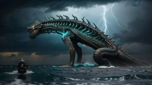 Prompt: Insanely Detailed Giant Sea Creature Monster, Rising from the Ocean, bokeh, Greg Rutkowski, WLOP, dynamic lighting, Eldritch, Neuron Storm, Deep Colors, Thunderstorm, Tornadic, H.R. Giger, Matt Frank, cool colors, precisionism, Intricate Details, Photorealism, ethereal, iridescent, heat wave