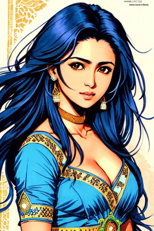 Prompt: character profile sheet (((Yoji Shinkawa))), sticker of ultra detailed portrait of Sadaf Mohammed Sayed  (Indian actress who mainly appears in Telugu, Tamil, and Kannada films)in tribal cueitl dress, blue long hair, high quality cell shaded illustration in Romantic style by Yoji Shinkawa, ((full body portrait)), dynamic pose, perfect anatomy, centered, freedom, soul, blue long hair, approach to perfection, cell shading, 4k , cinematic dramatic atmosphere, watercolor painting, global illumination, detailed and intricate environment, artstation, concept art, fluid and sharp focus, volumetric lighting, cinematic lighting, Art by Yoji Shinkawa,