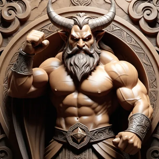 Prompt: a drawing of a demon with horns and a beard, holding a fist up to his chest and a fist in his other hand, Ed Binkley, sumatraism, elden ring, concept art,3d Bas relief, natural colors