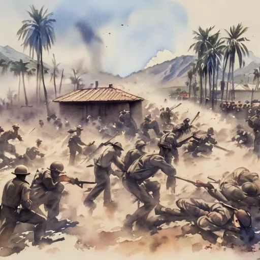 Prompt: Artiller Strike Bataan 1942 in watercolor