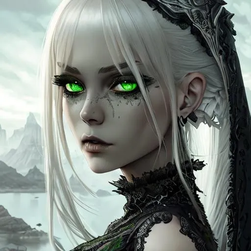 Prompt: 1 girl, highly detailed green eyes, highly detailed face, domination looking, agressive looking, 8k UHD, women, highly detailed Black clothes,Black dress, fantasy kingdom backdrop, highly detailed white hair, scenic view landscape, determination, dark style, horror, highly detailed smooth face, full body