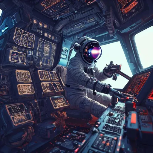 Prompt: cyberpunk style astronaut controls the cockpit of a ship, highly detailed
