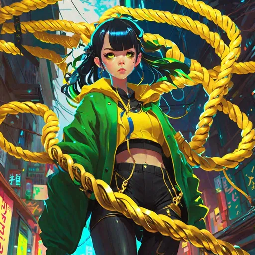 Prompt: "A golden rope, full body concept art, Koyoharu Gotouge, Junji Ito, Ilya Kuvshinov, chugong, wlop, krenz cushart, junk, clutter, anime key visual, oversized clothes, neon colors, mostly yellow green and blue, Pinterest reference picture, smooth, 8k resolution, digital drawing"