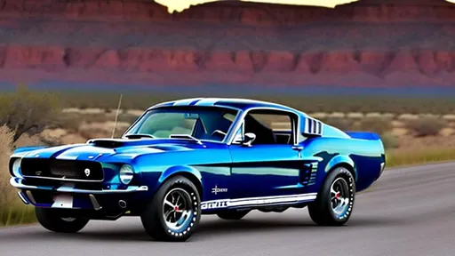 Prompt: A dark blue 1967 Shelby Ford Mustang driving down a country road with coyotes with lighting Photo Realistic.