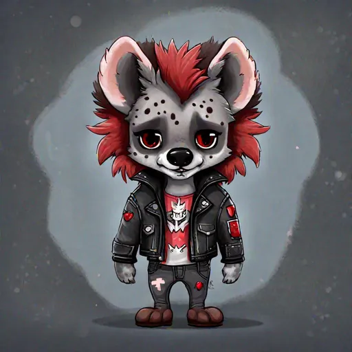 Prompt: Hyena anthropomorphic, kawaii style, grey fur with brown spots, brown mane, black angel wings, dressed in grey jeans and black leather jacket with red, Angel of destruction, Masterpiece, Best Quality 