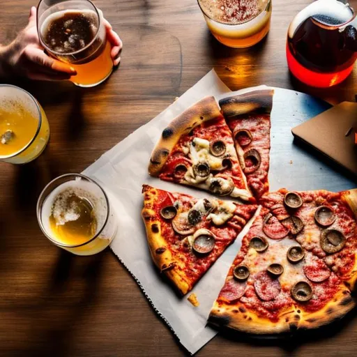 Prompt: Pizza with cell phone, beers and other drink