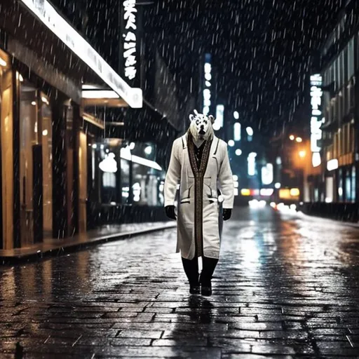 Prompt: A humanoid white tiger in a black coat walking down the road in the rainy night sipping coffee
