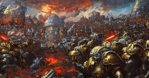 Prompt: fantasy detailed baroque illustration battle Holy Empire Space Marines, giant battle, hand-to-hand, planet, sky, grim dark, brutal, grimy, golden, dual star, molten, roman, byzantine, Ecumenopolis, army, space force, ultra humans, giant robot weapons