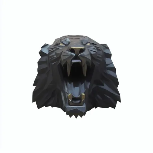 Prompt: polished Brass sculpture Sabre Tooth Tiger showing teeth roaring, low poly, angular, symmetrical