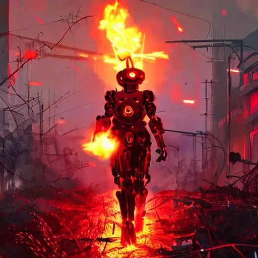 Prompt: Red cyberpunk warrior robot walking through fire and wires in an abandoned war zone town while fighting of enemies
