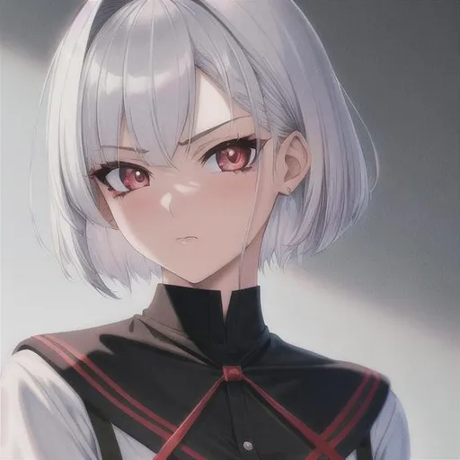 Prompt: 90s anime style, detailed, intricate face, portrait, detailed eyes, gentle tones, 90s tones, 90s era, 1girl, beautiful woman, short hair, {{white hair}}, red eyes, black pupil's, wearing school uniform, {{mad expression}}