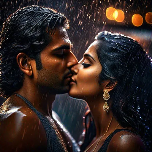 Prompt: Hyperrealistic hyperdetailed HDR photograph in dramatic lighting of couple, enacting a poster for movie 'Ashiqui 2', passionate embrace, like intimacy, bikini, bindi & mangalsutra, wet, focused on detailed facial expression 