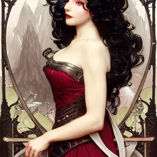 Prompt: Snow White as a vampire queen, long curly hair, intricate, elegant, highly detailed, extremely detailed face, HD, digital painting, smooth, sharp focus, illustration, art by greg rutkowski and alphonse mucha and John William Waterhouse, dark, eerie, gothic, creepy, horror