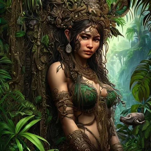Prompt: Intricately detailed beautiful jungle goddess of the amazon hyper realistic extremely detailed dark cinematic in the style of vallejo