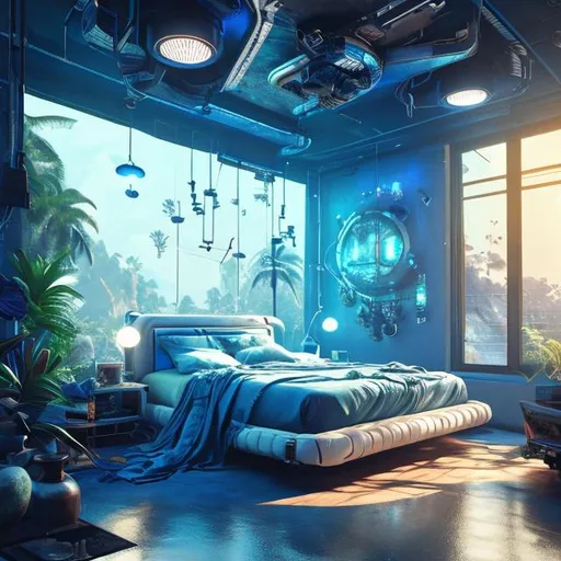 Prompt: futuristic cluttered large bedroom blue, wall screen, beautiful, luxury, interior, solarpunk, tropical island, realistic details, photorealistic, 8k render, cinematic lighting, ultra detailed