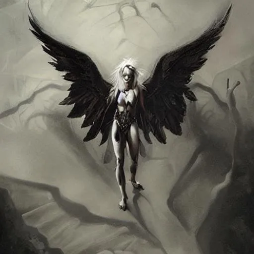 Prompt: a fallen angel, style of Brom, dark fantasy, dark wings, realistic painting, high definition, very detailed