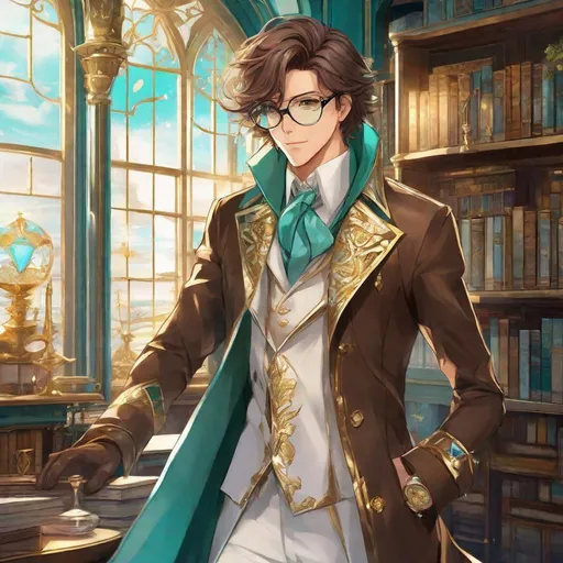 Prompt: Third person, gameplay, high quality, feminine man, shoulder length wavy brown hair, brown eyes, glasses, extravagant magical turqoise coat with gold trim, white dress pants, diamond motif, glasses, gold timepiece on wrist, gloves, cool atmosphere, magical laboratory with high bookshelves and a window overlooking the ocean, cool atmosphere, anime style, manga style, Studio Ghibli, extremely detailed print by Hayao Miyazaki, 