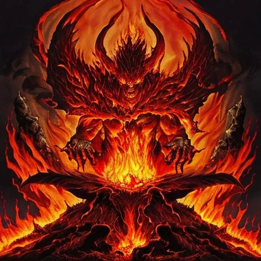 Prompt: Demonic force, flames, magma, volcano, bleeding, blood, animalistic, demonic, draconic, 