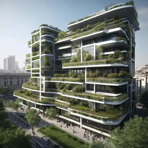 Prompt: A complete body form of a stunningly beautiful, hyper realistic sustainable with gardens city building in Milan