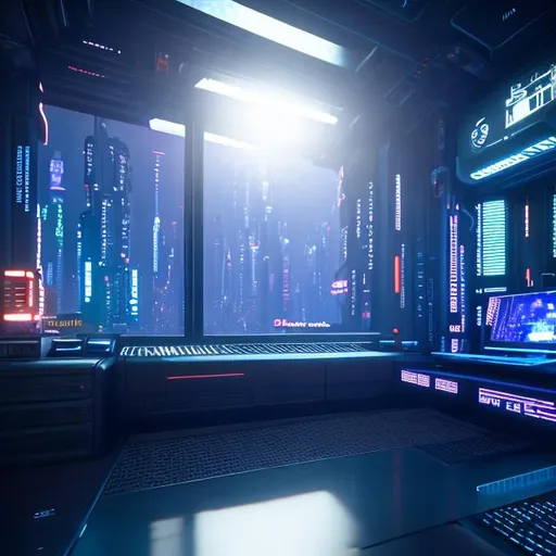 Prompt: futuristic bedroom, cyberpunk style computer on metal desk, architecture, sci-fi, beautiful, geometric shapes, atmospheric lighting, midnight, dark, moonlight shining through window slats, dust, post processing, de-noise, reflections, polyhedral, ultra realistic, unreal engine, clean, modern --ph