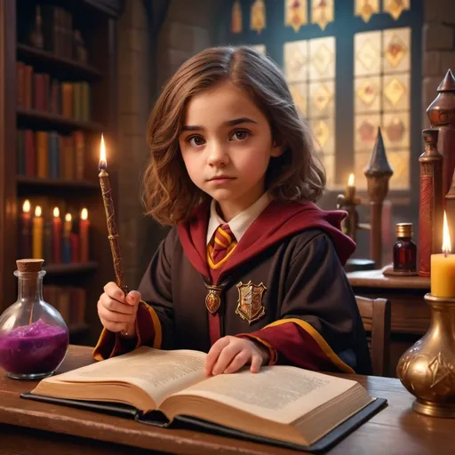 Prompt: Little Gryffindor witch with brown hair and brown eyes having Transformation lesson